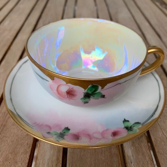 Noritake Tea Cup Saucer Set Bone China Japan Hand Painted Gold Accent Vintage - Picture 1 of 9